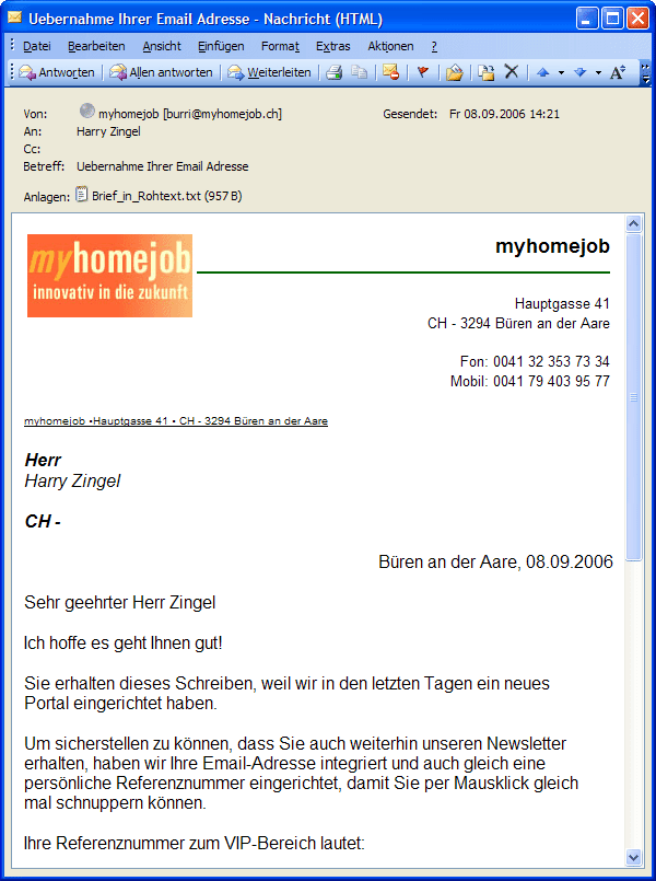 Spam-Mail von &raquo;myhomejob&laquo;
