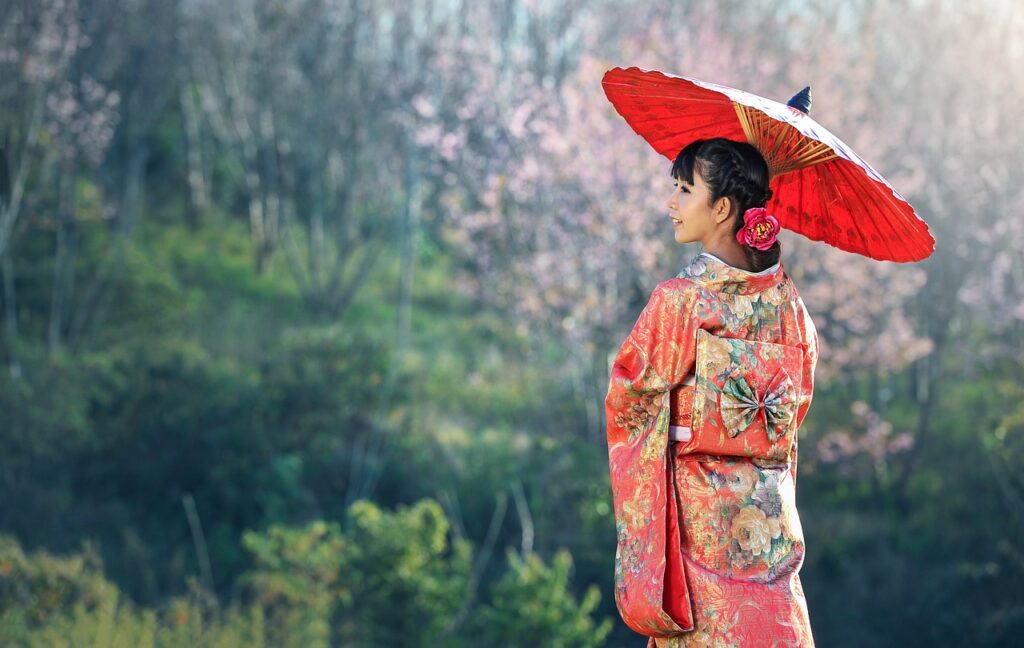 kimono, woman, umbrella